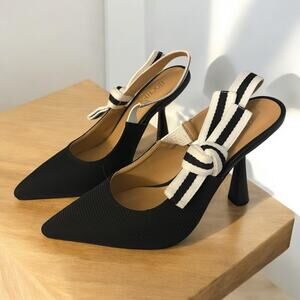 Bow Accent Heels New Black White Stripe Size 7